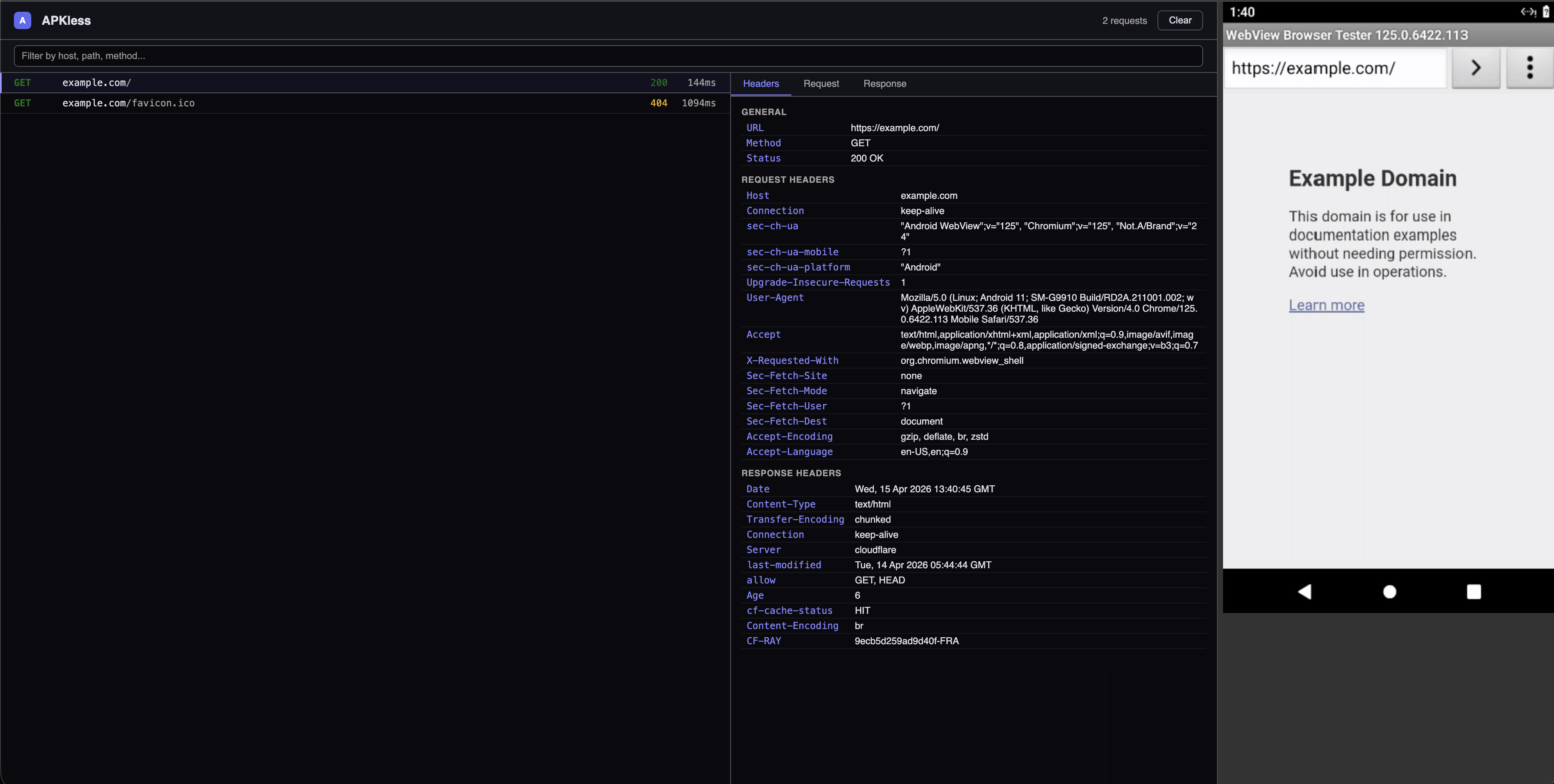 APKless sandbox showing decrypted HTTPS traffic